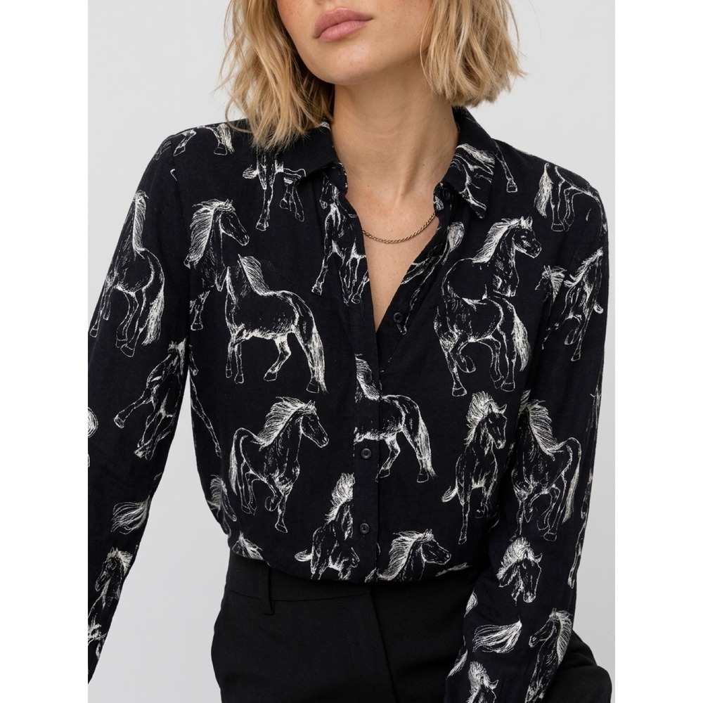 Jane + Delancey Black White Horse Print Button Down Shirt XL High Low western